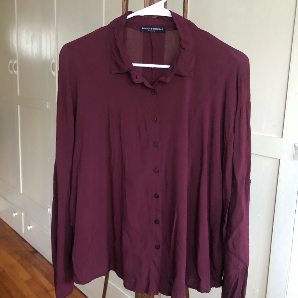 Brandy Melville Maroon Silky Button Down Top